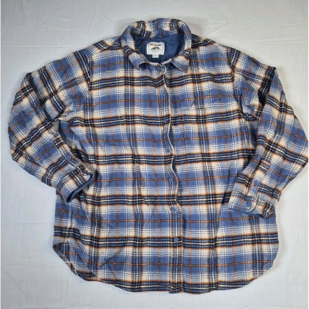 American Eagle Outfitters Flannel Shirt Jacket Womens Medium Blue Plaid Oversize